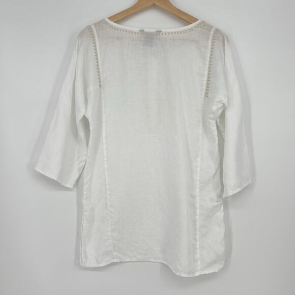 Eddie Bauer 100% Linen Tunic Top Womens Small White Tan Embroidered 3/4 Sleeve - Picture 4 of 11